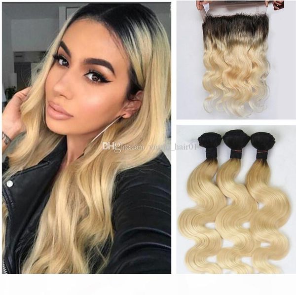 

blonde pre plucked 360 lace frontal with bunldes #613 bleached blonde human peruvian virgin hair with body wave 360 lace closure, Black;brown