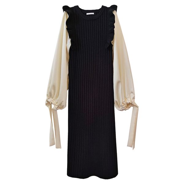 

perhaps u women's dress black pink khaki o-neck lantern sleeve long sleeve knitted patchwork midi dress autumn winter d2177 201125, Black;gray