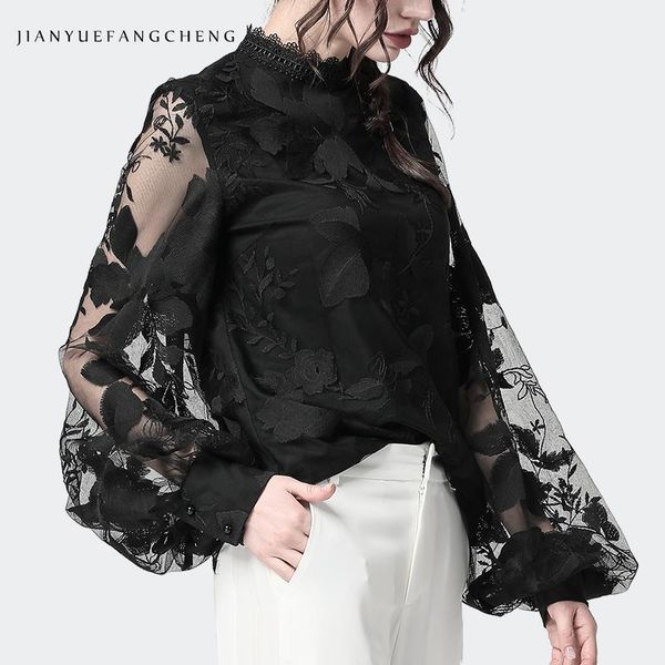 

ladies floral embroidery blouses transparent lantern sleeve mesh stand collar loose plus size women black chiffon blouse1, White