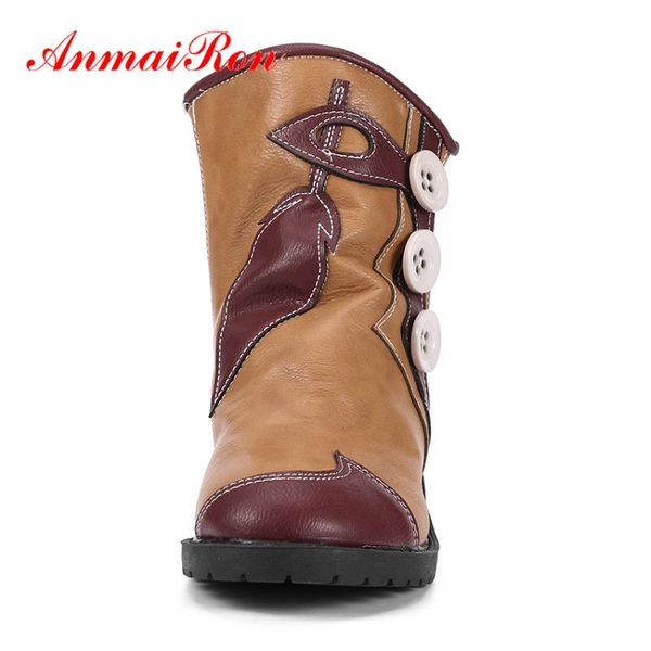 

anmairon orange flat mid-calf boots slip-on button round toe square heel womens boots mixed colors short plush retro style shoes, Black