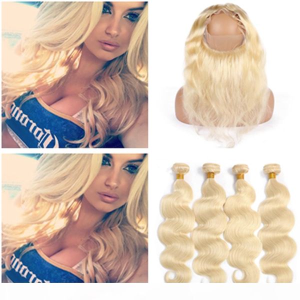 

#613 blonde human hair 4bundles and 360 closure bleach blonde brazilian body wave human hair 360 lace frontal 22.5x4x2" with weave bund, Black;brown