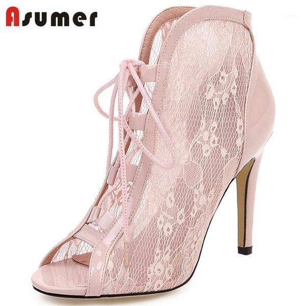

boots asumer 2021 arrival ankle women thin high heels summer lace up elegant party wedding shoes ladies big size 431, Black