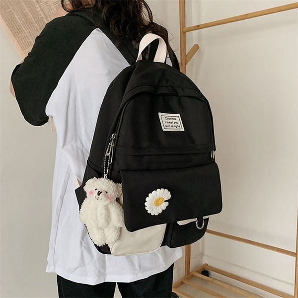 

girls school bags for teenagers student backpack women nylon soft patchwork bookbag teen panelled flowers casual schoolbag black lj201029