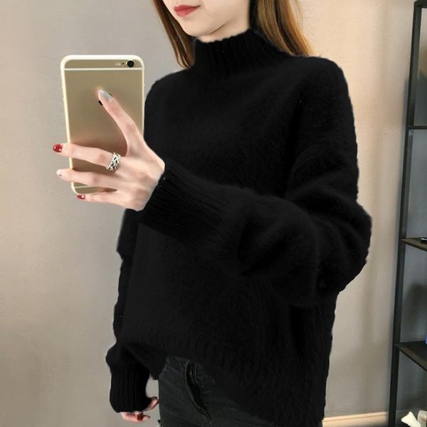 

2021 new cute female jumper vintage thick white turtleneck high pull femme sweaters loose sweater womam 7xqp, White;black