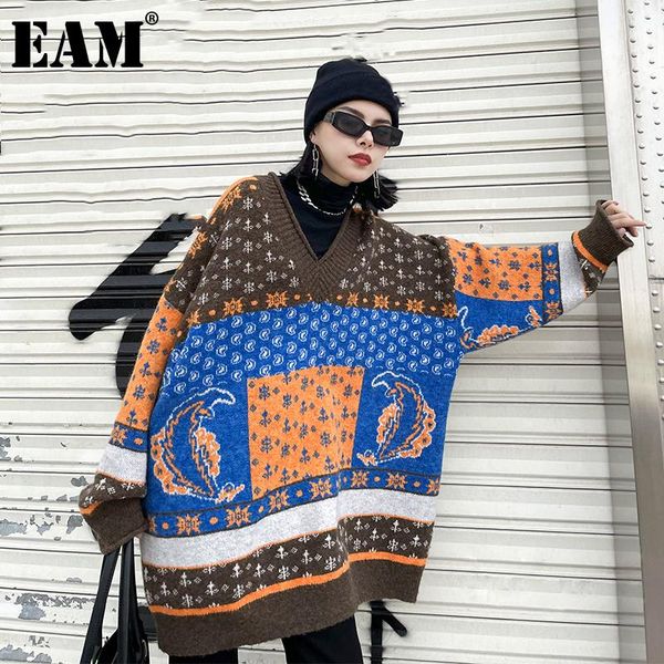 

[eam] brown spliced knitting sweater loose fit v-neck long sleeve women pullovers new fashion tide autumn winter 2021 1dd3031, White;black