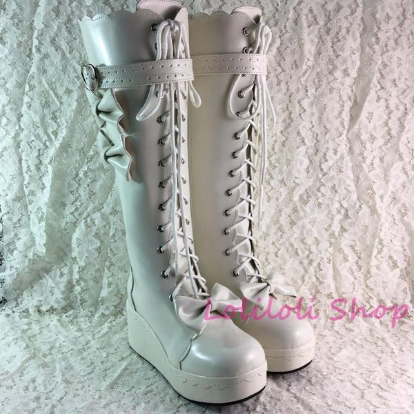 

princess sweet lolita shoes custom size shoe lolita cross bow thick bottom belt buckle wedge heel boots an1276 round, Black