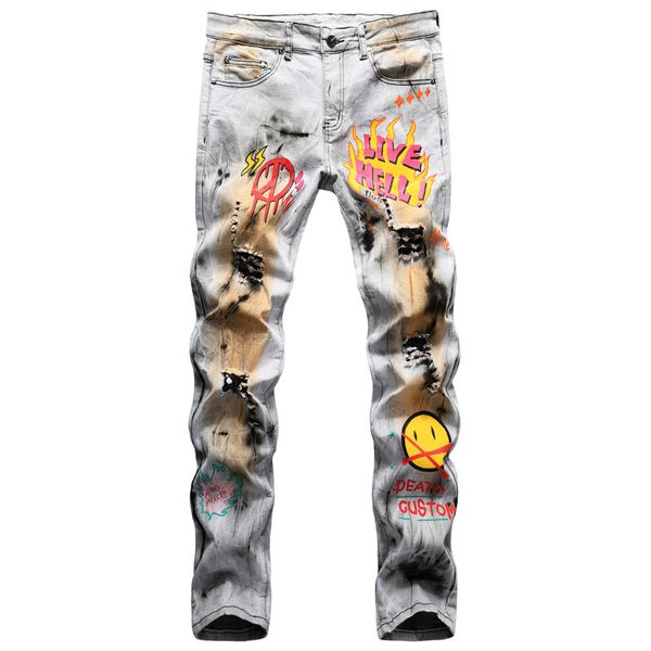 

2021 new men's male trousers street hip-hop style bleaching dyeing and pigment slim stretch painted printing jeans denim pants 49xr, Blue