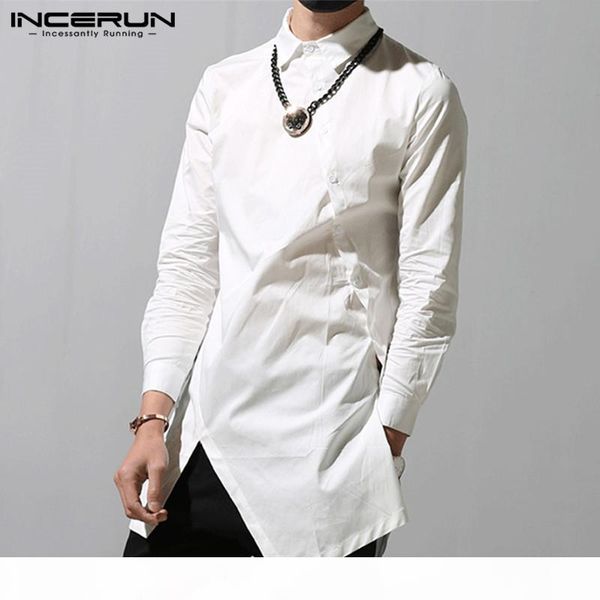 

incerun 2020 men irregular shirts lapel button long sleeve chic solid color camisa fashion dress shirts slim long plus size, White;black