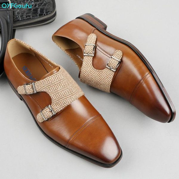 

qyfcioufu men genuine leather double monk strap shoes business dress banquet suit shoes men brand brogue wedding oxford, Black