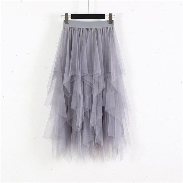 

women irregular hem mesh tutu skirt fashion elastic high waist long tulle skirt fashion spring party skirt for ladies, Black