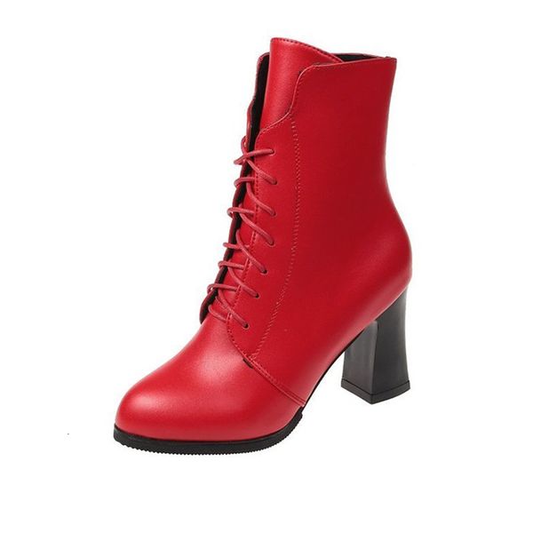 

2021 new winter fashion ankle boots short plush mid heels ladies lace up botas mujer pu shoes waterproof pointed toe woman footwear 1 8r2k, Black