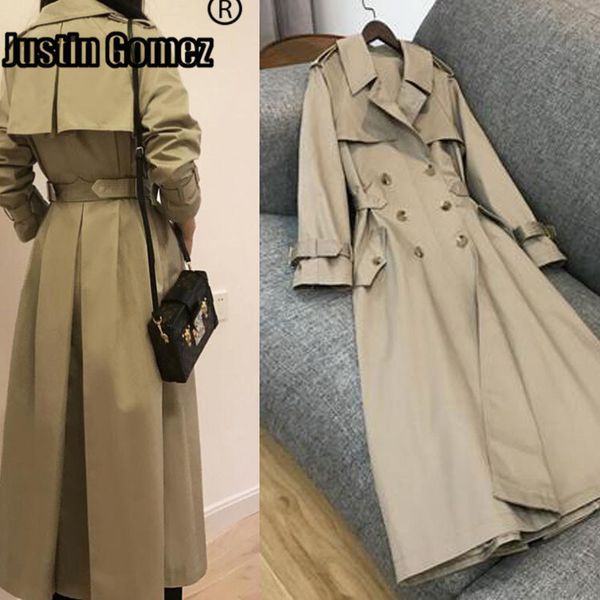 

spring autumn women british double breasted slim classic long trench coat simple style soft windbreaker casacos femininos 201031, Tan;black