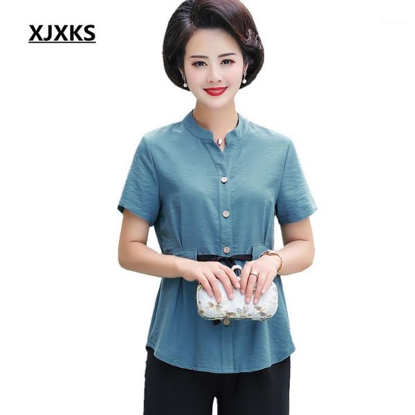 

xjxks 2019 summer new fashion v-neck short-sleeved belt women's shirt comfortable linen high-quality blouse women's, White