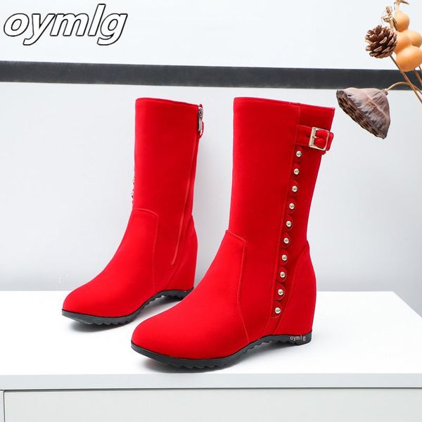 

boots women autumn winter cute frosted velvet mid-calf shoes woman height increase botines wedges botas mujer, Black