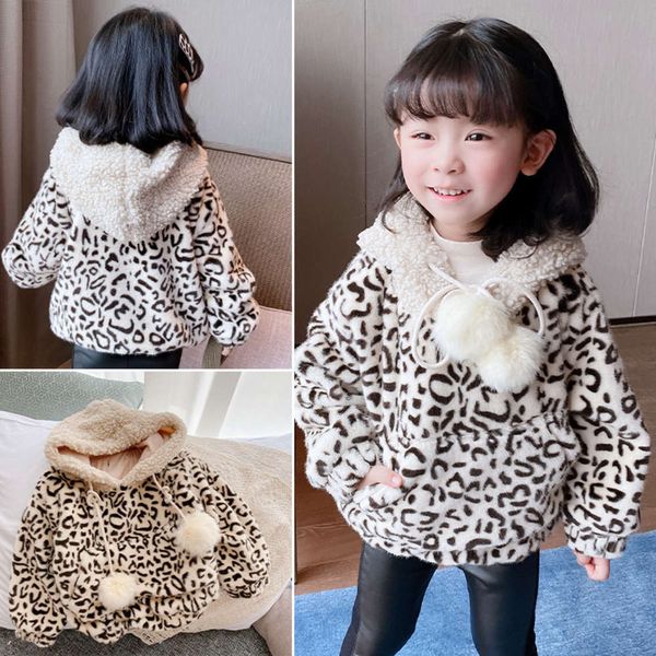 

winter 2020 girls' wear new thickened warm leopard pattern hooded children's sweater, Black