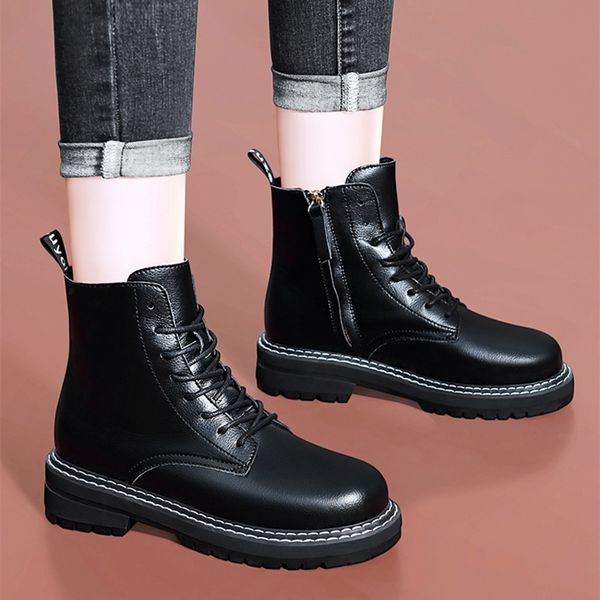

2020 leather platform martin boots plush lace-up black women shoes white waterproof fashion increase luxury designer women boots 36-40