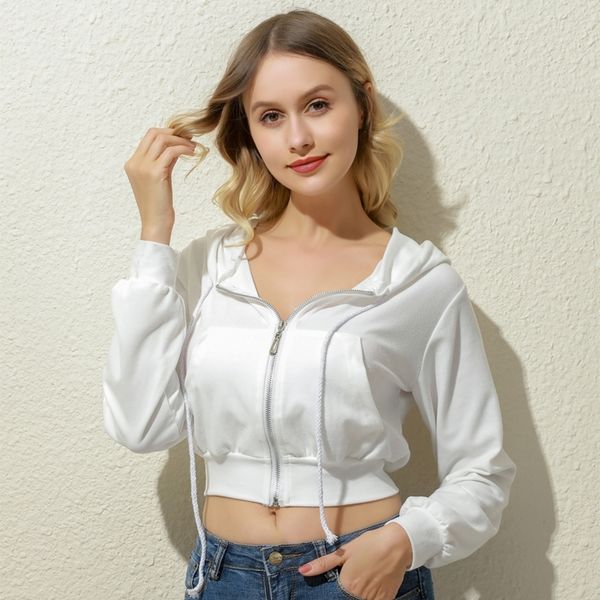 

zip-up autumn winter women hoodies pockets slim crop jacket female clothes drawstring white hoody cotton coats 201102, Black