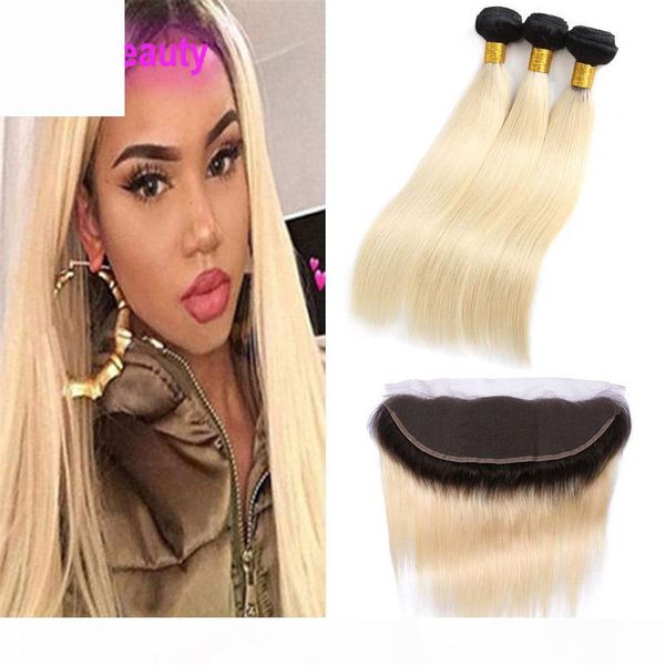 

indian virgin hair wholesale 3 bundles with 13x4 lace frontal straight 1b 613# ombre human hair extensions with 13*4 frontal 10-26inch, Black;brown