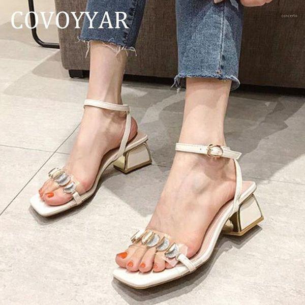 

covoyyar fashion block heel women sandals bling metal decor summer women shoes transparent buckle strap lady sandals wss40171, Black