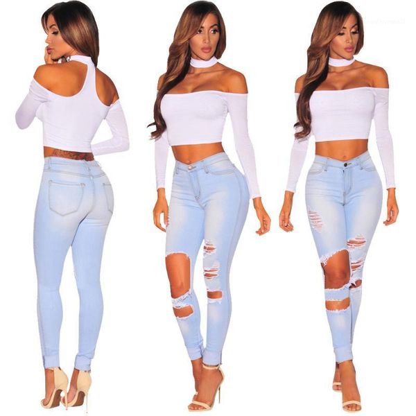 

women's jeans 2021 of women high waist skinny pencil denim pants ripped hole elastic stretch casual plus size1, Blue