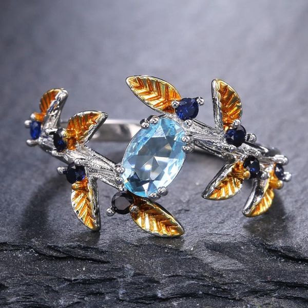 

изысканный женский циркон палец кольцо luxury two tone золотой овал море blue crystal элегантный ювелирные изделия обручальное кольцо лист ц, Slivery;golden