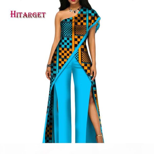 

2018 new autumn african pant set for women off shoulder jumpsuit dashiki clothing batik wax printing pure cotton wy2373, Black;white