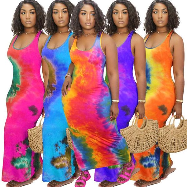 

designers tie-dye printed women dresses sleeveless round neck long dress ladies sports casual fashion dresses plus size clothing s-4xlf92910, Black;gray