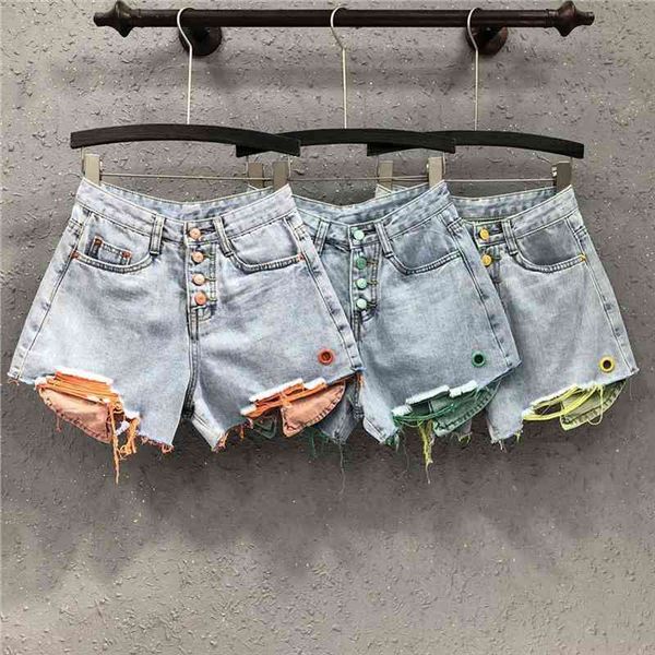 

spring summer plus size denim shorts women fashion loose splicing hole shorts casual high waited wide leg jeans k331, Blue