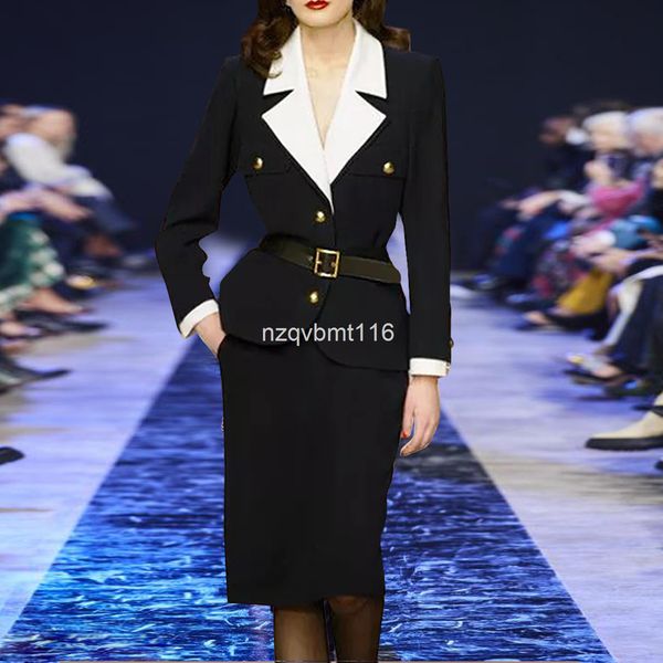 

two piece dress light mature fashion autumn women's dress lapel long sleeve small suit with belt + hip wrap skirt suit, White