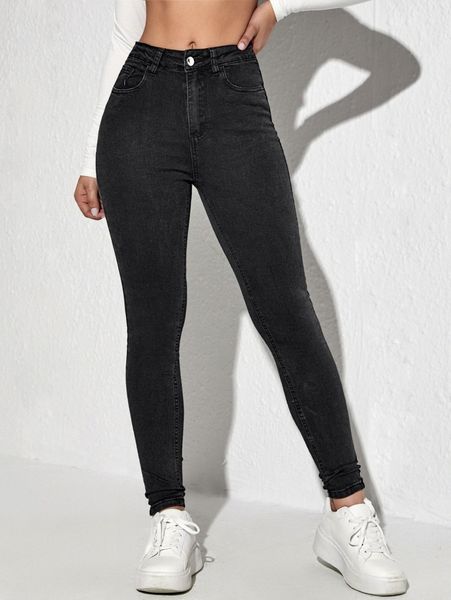 

high waist slant pockets skinny jeans b0ux#, Blue