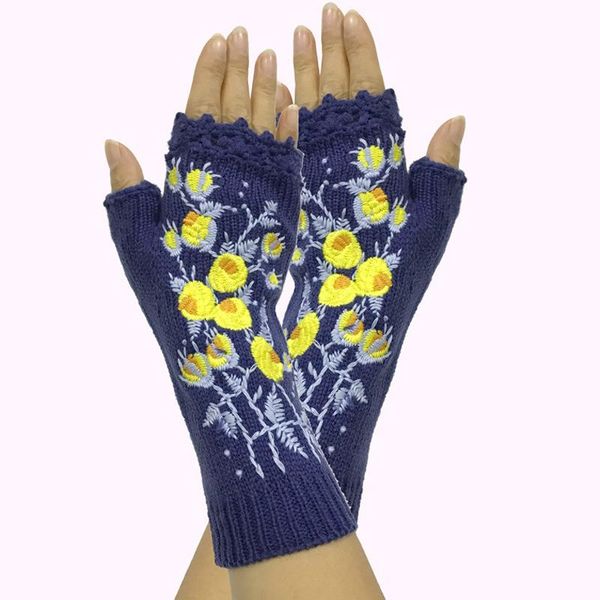 

five fingers gloves ladies autumn winter outdoor warm flower print soft fingerless mittens knitted glove hand warmer, Blue;gray