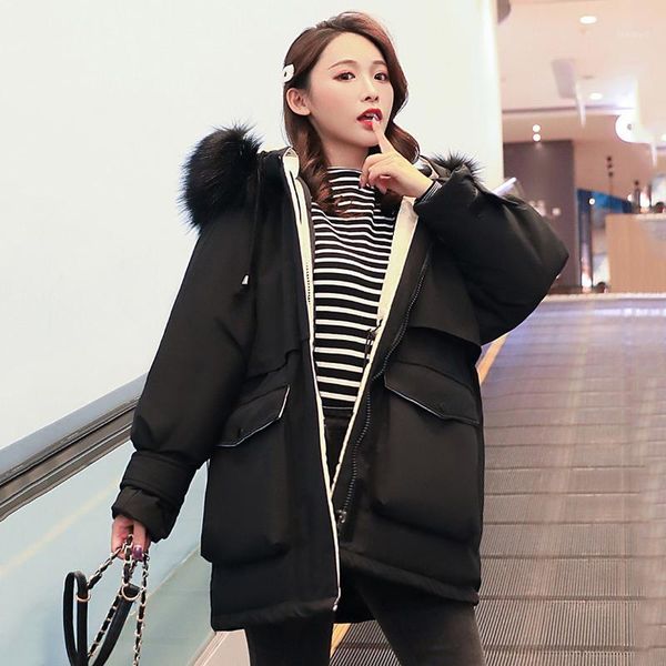 

women long cotton padded jacket thick winter parka 2020 hooded with fur collar slim outwear korean bubble coat femme cazadora1, Black