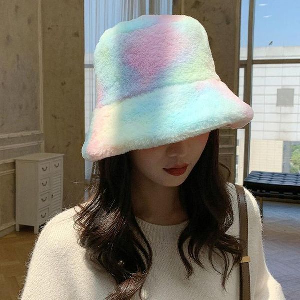 

korean fashion women's hat winter tie-dye bucket hats cute warm caps hat sunscreen fisherman cap faux fur cap, Blue;gray