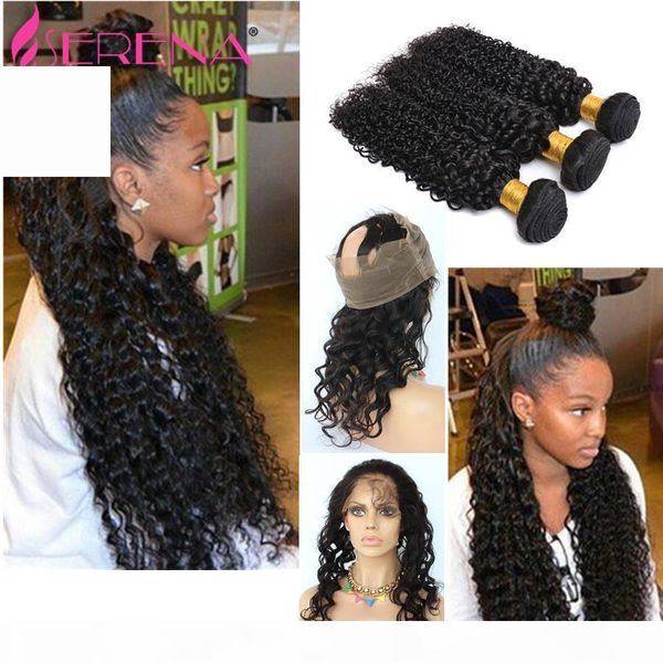 

360 lace frontal with bundle pre plucked 8a deep wave curly lace frontal closure with bundles brazilian virgin hair with closure, Black;brown