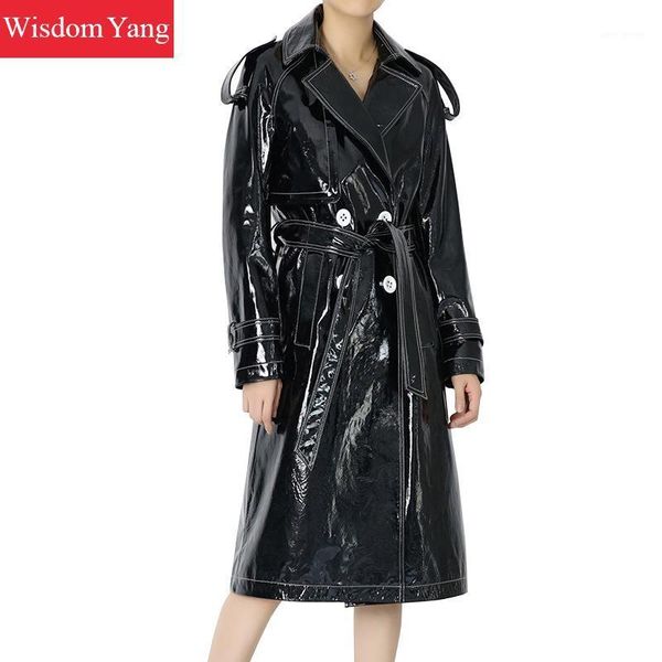 

black real sheepskin genuine leather coats women patent windbreakers long office ladies elegant overcoat trench coat outerwear1