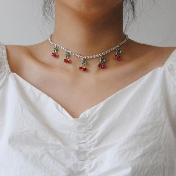 

luxury jewelry cherry tennis necklace choker chain for women cute charm pendant necklace crystal choker jewellery, Silver