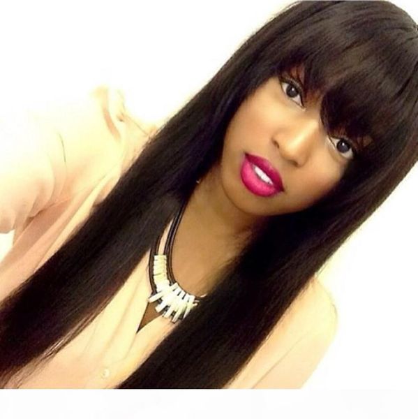 

lace front wigs 180 density with bang virgin peruvian lacefront wig with bangs glueless full lace human hair wigs for black women, Black;brown