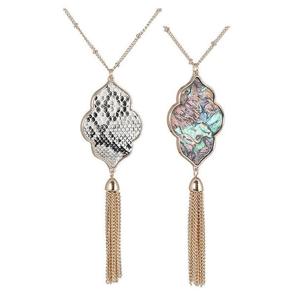 

fashion flower hexagon abalone shell leopard pendant necklace tassels long chain sweater necklace geometric jewelry, Silver