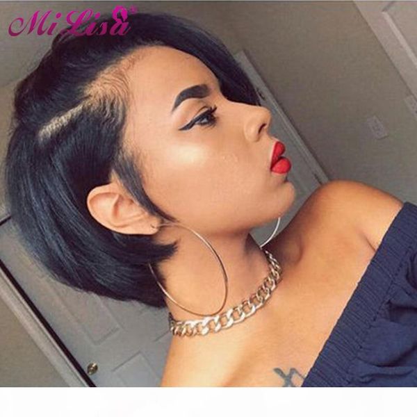

peruvian short pixie cut wig bob lace front human hair wigs for black women pre plucked hairline remy ing, Black;brown