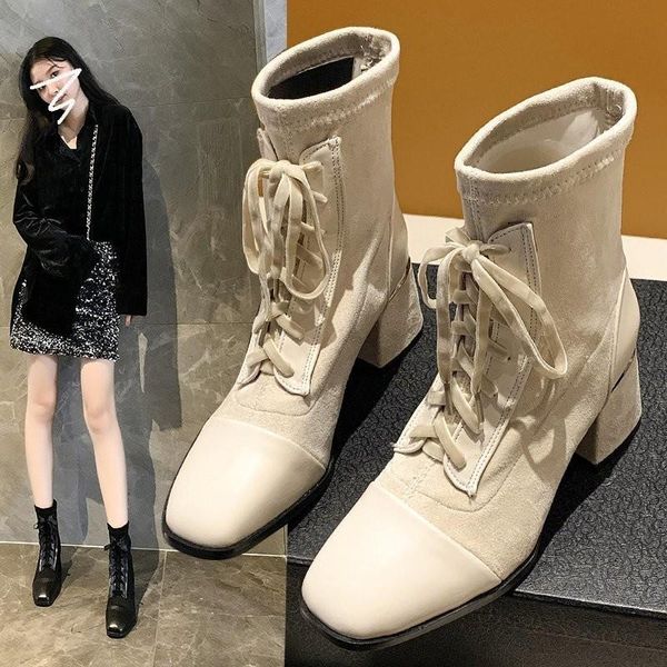 

lace-up women ankle boots square heel round toe short side shoes woman black autumn winter high heel boots ladies black