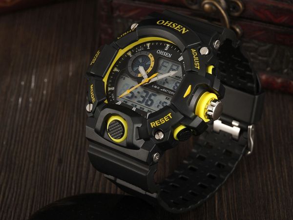 

brand ohsen digital sport diving watch wristwatch yellow dial classic fashion design 50m waterproof hand clock hombre horloge for gift, Slivery;brown