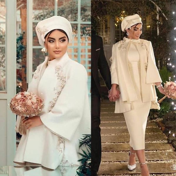 

muslim crystal beading mermaid wedding dress 2 pieces 2022 high neck long sleeve bridal gowns dresses vestidos pageant gowns, White