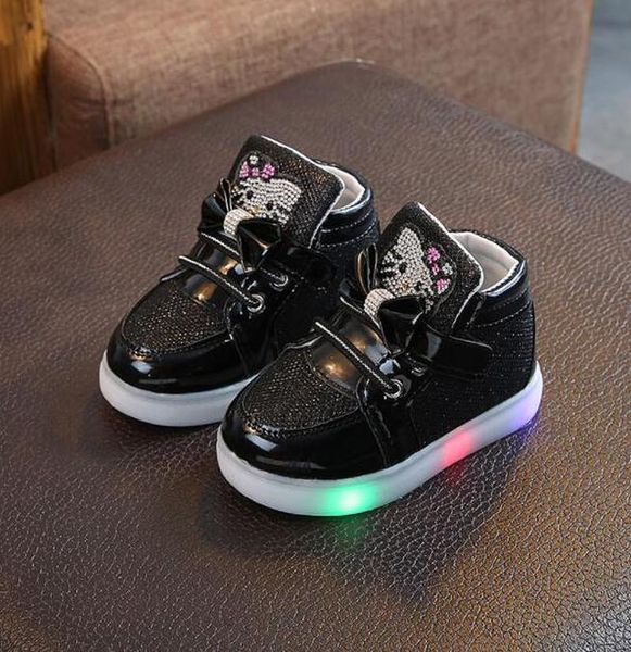 

новая мода весна осень дети светящиеся кроссовки детская обувь chaussure enfant kitty cat девушки обувь со светодиодной подсветкой 21 30 bby, Black