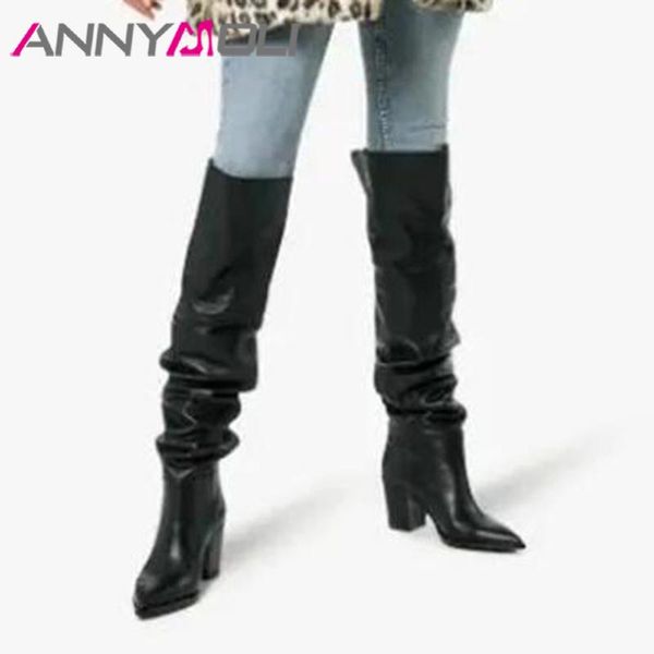 

boots annymoli over the knee women genuine leather block high heel thigh pleated long shoes ladies winter black 43