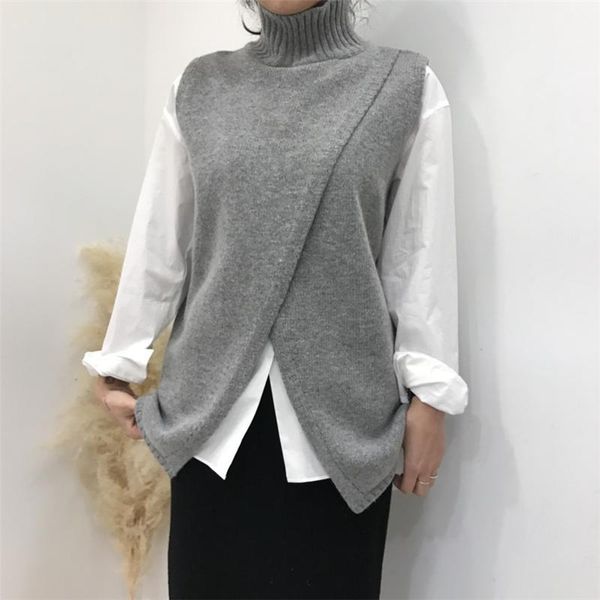 

fashion turtleneck knitted vest women sweater chic split knitted pullovers vest sweater female warm knitting jumpers 20201, White;black