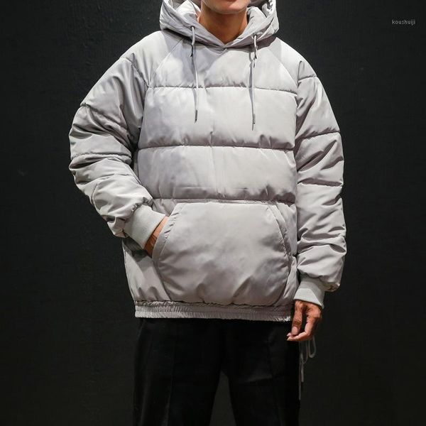 

men's 2020 winter new large size pullover loose hooded warmth plus cotton thick bread coat cotton solid color jacket black1, Black