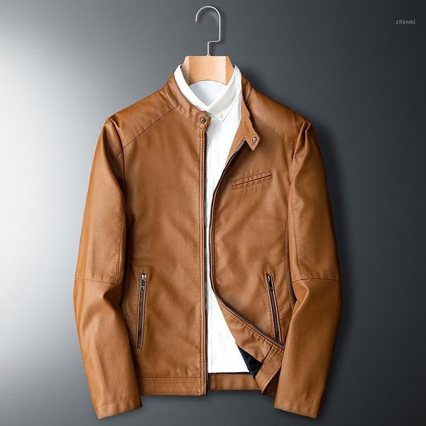 

casual slim fit male leather jacket fashion stand collar zipper men faux leather jacket solid male long sleeve coat1, Black