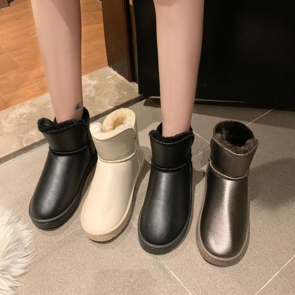 

shoes round toe women's leather boots winter footwear boots-women booties woman 2020 low heel australia mid calf snow, Black