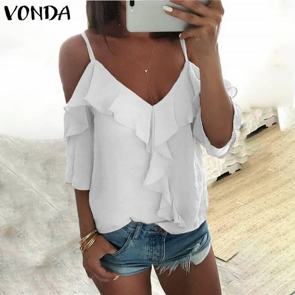 

vonda 2020 women v neck sleeveless strap blouses casual loose ruffled bohemian blusas plus size 5xl summer sundress1, White