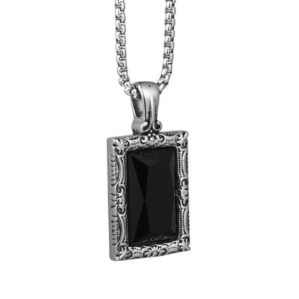 

hip-hop personality trend black gem square brand pendant necklace hip hop titanium steel necklace hanging ornaments for men wome, Silver